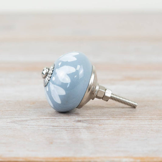 Blue and white patterned ceramic door knob with silver-coloured metal fitting