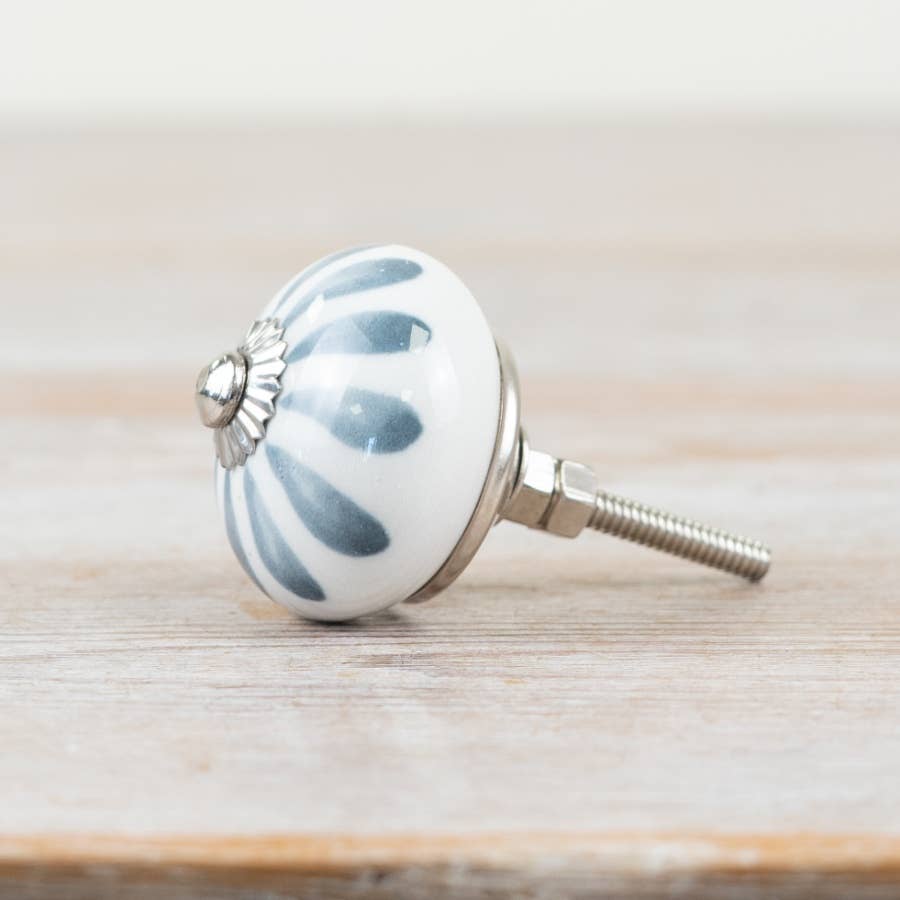 Blue and white striped ceramic door knob with silver-toned fitting