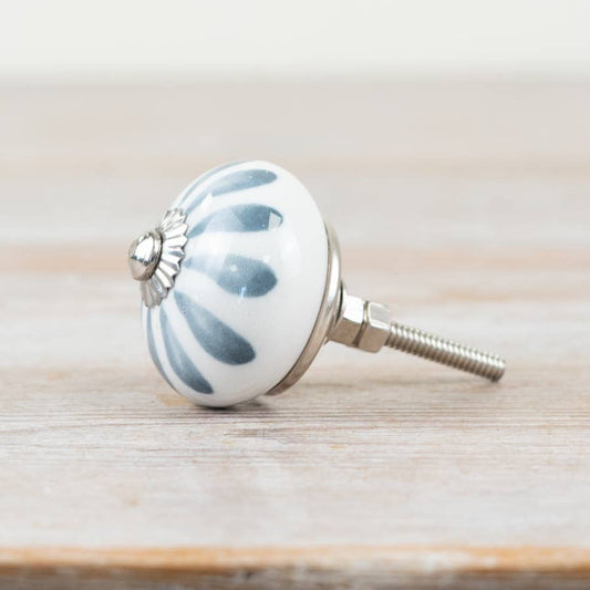 Blue and white striped ceramic door knob with silver-toned fitting