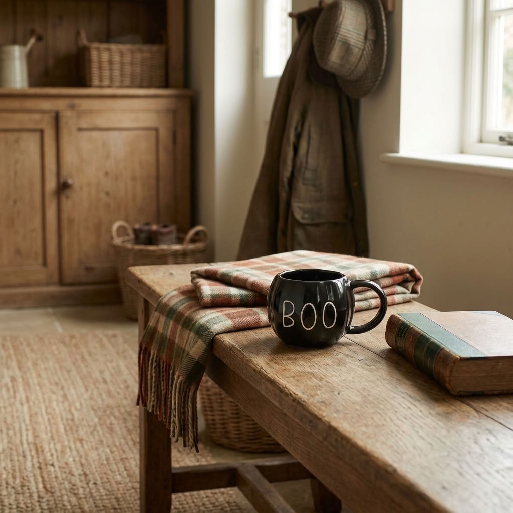 Black BOO Pumpkin Mug styled with a book on an aged wooden bench in a traditional English country boot room