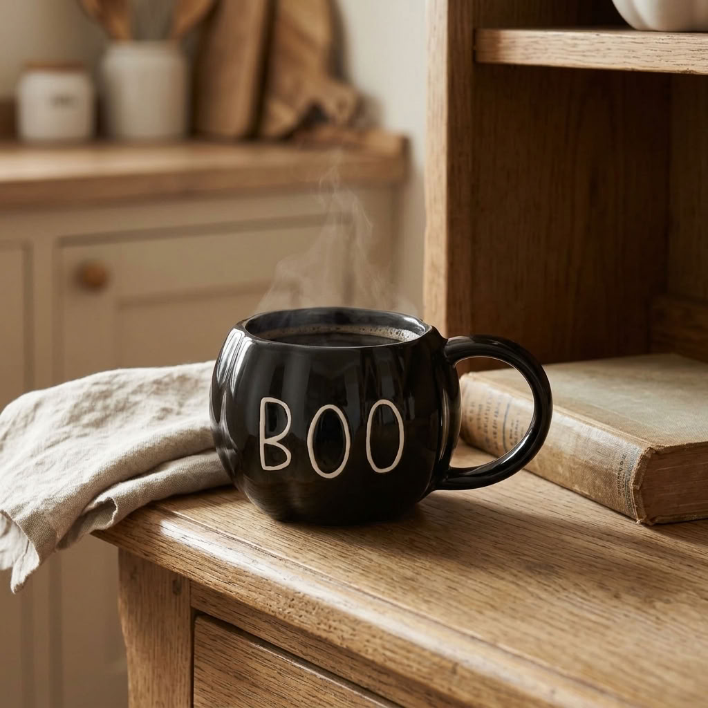 Black BOO Pumpkin Mug styled with a vintage book on an aged wooden table in an English country kitchen