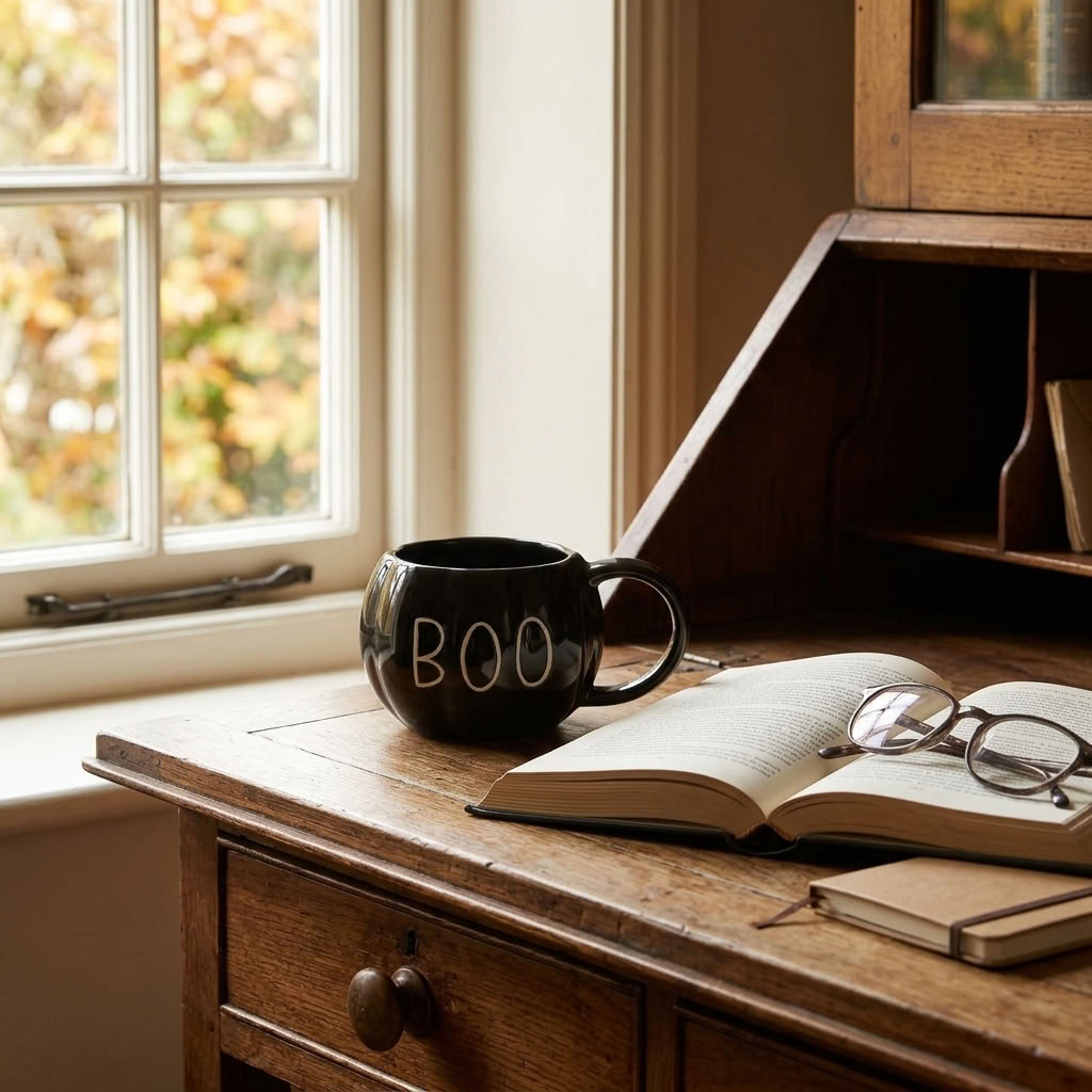Black BOO Pumpkin Mug beside an open book and reading glasses on a traditional cottage writing desk
