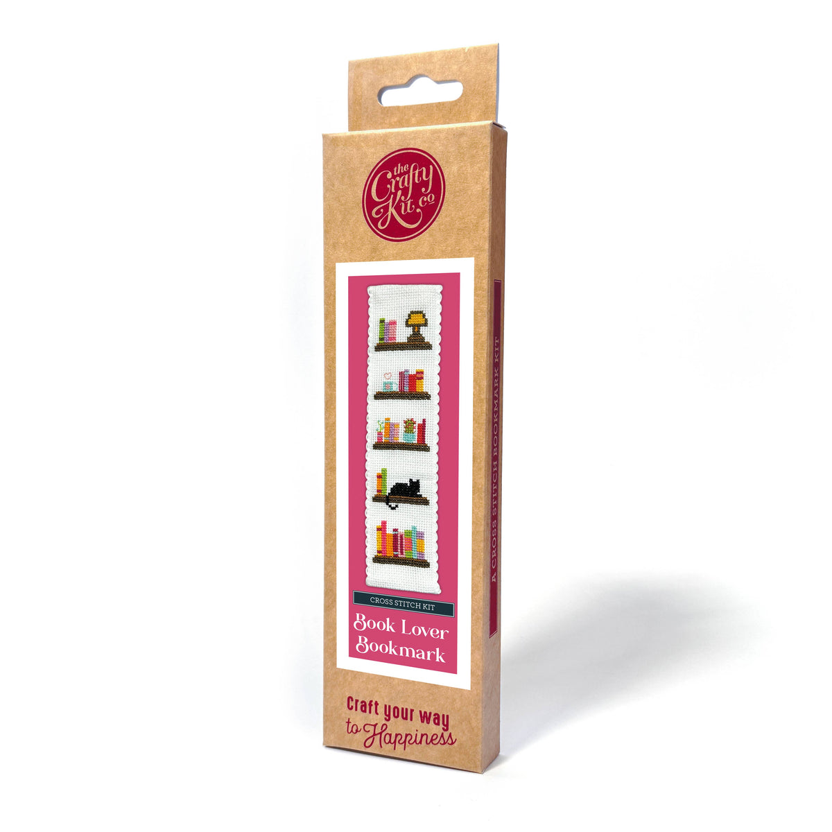 Book Lover Cross Stitch Bookmark Kit presented in The Crafty Kit Company packaging