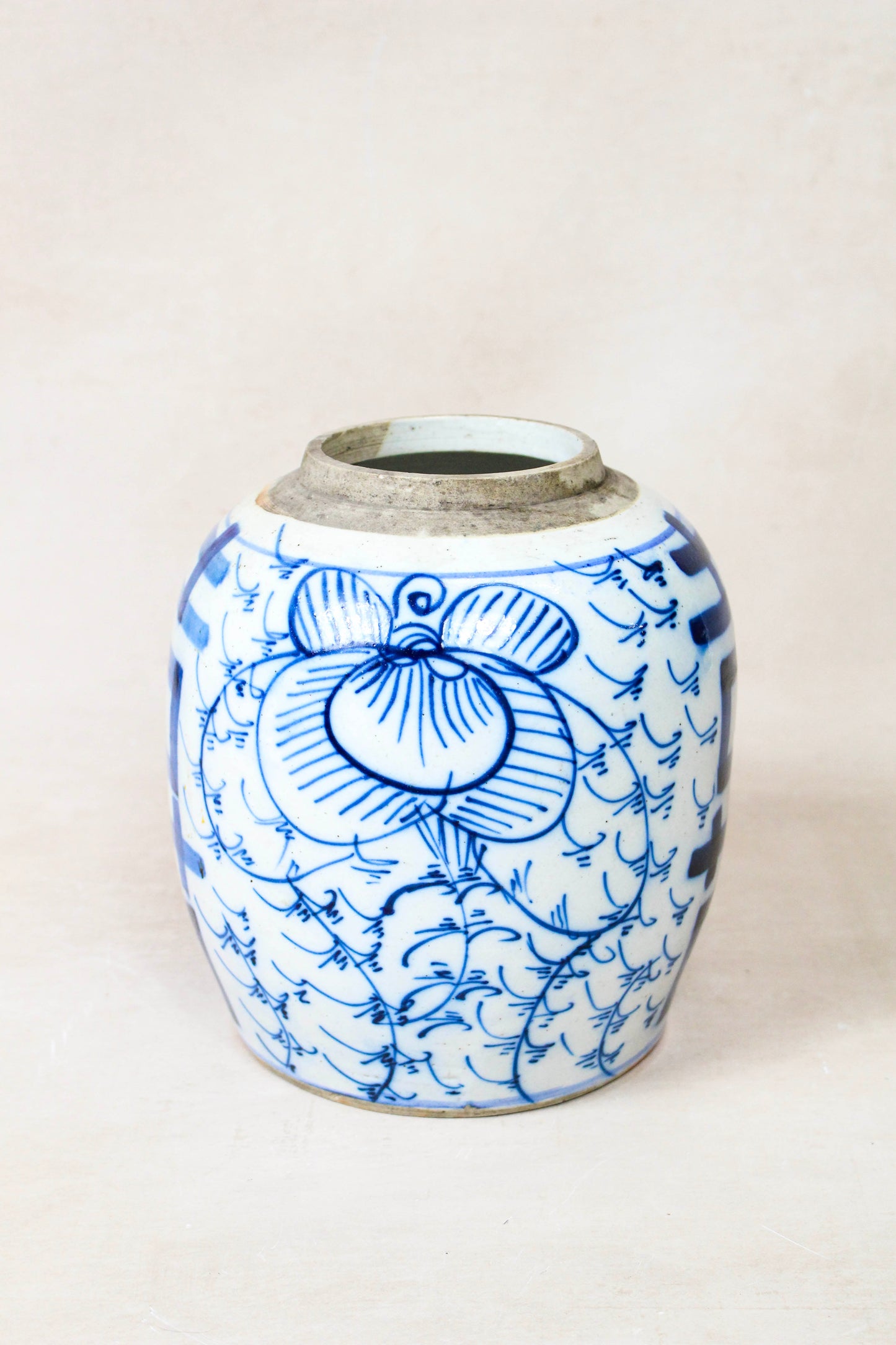 Antique Chinese blue and white porcelain jar showing traditional hand-painted cobalt decoration
