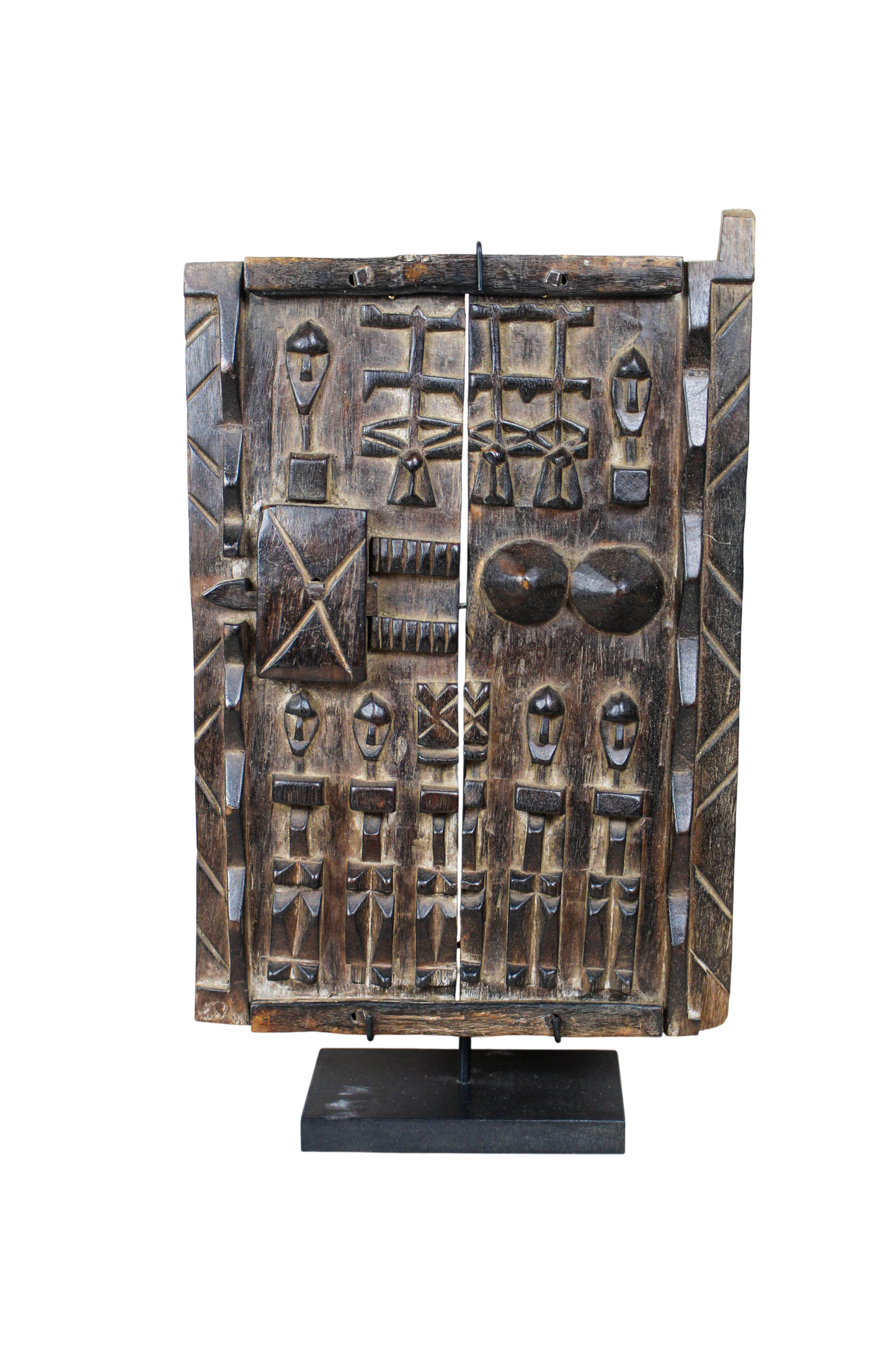 Dogon granary door from Mali 38.2 full front view showing its detailed carved figures and traditional motifs