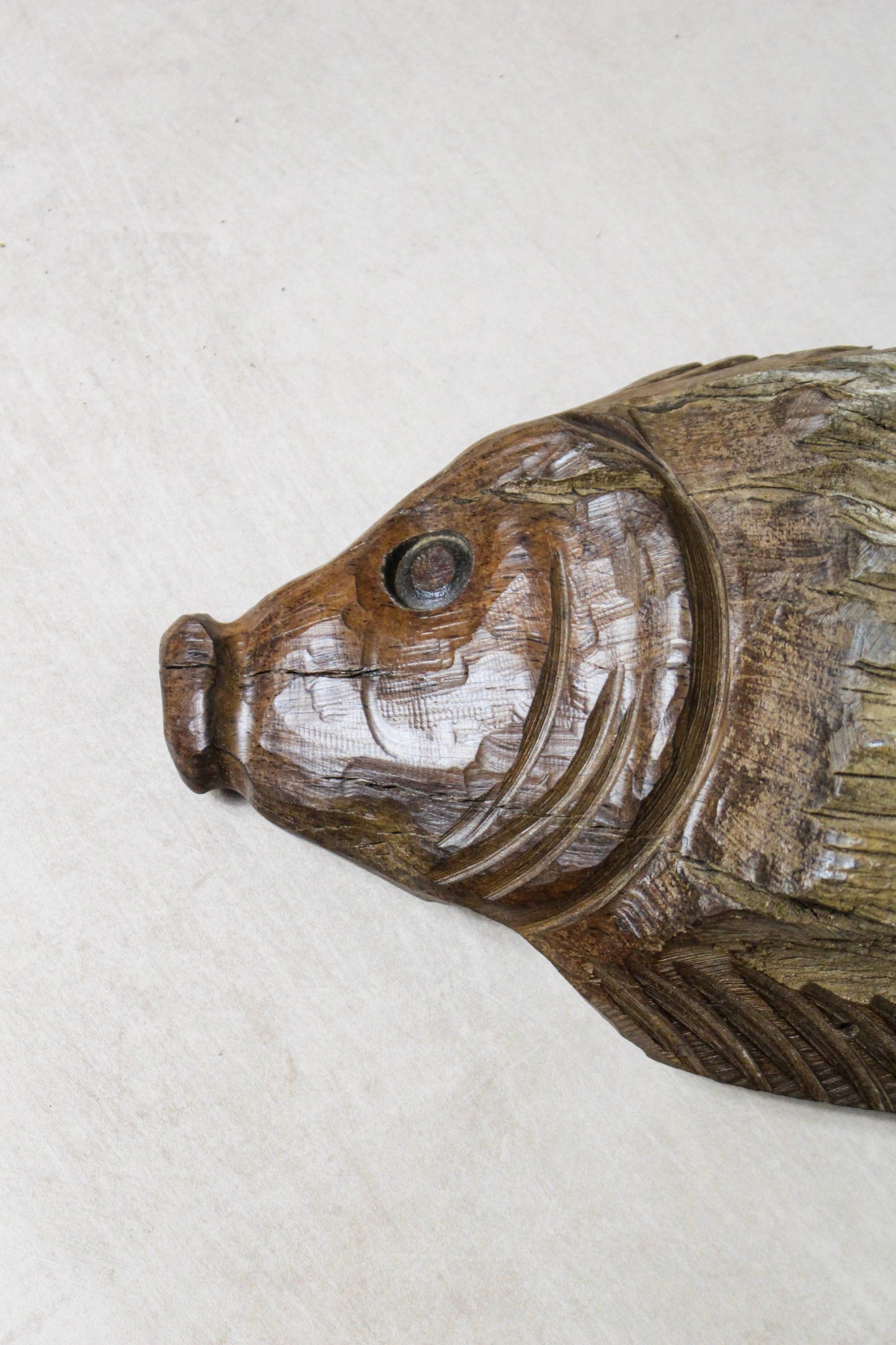 Hand-carved driftwood fish wall art 116.12 close-up showing the carved head and natural wood grain

