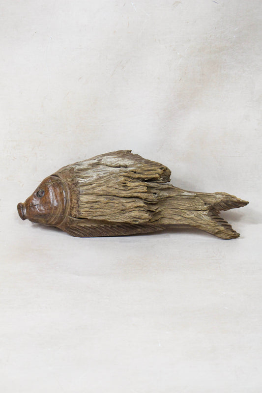 Hand-carved driftwood fish wall art 116.12 made from naturally textured reclaimed wood
