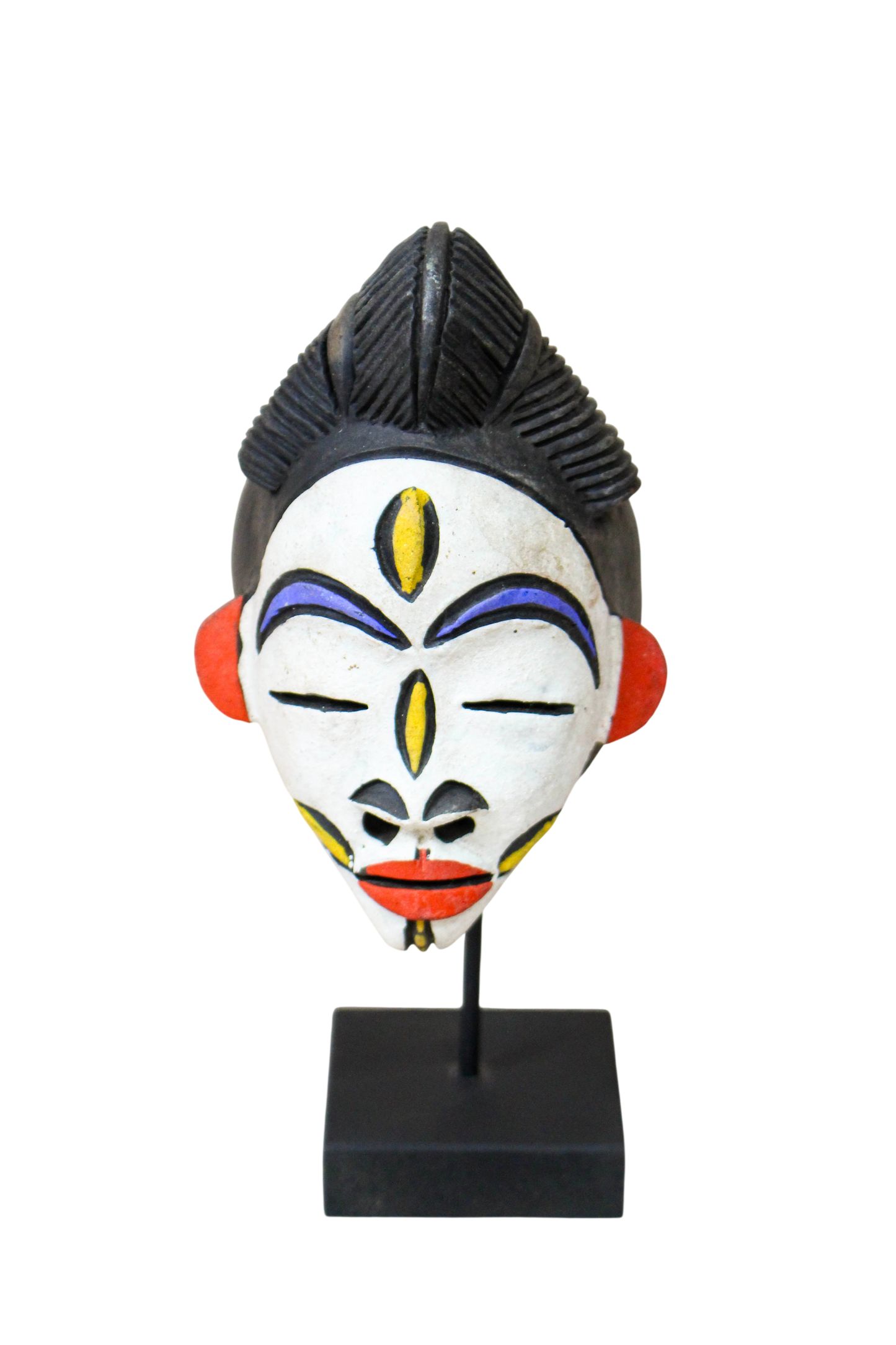 West African terracotta passport mask 189.2 front view showing the colourful painted face and dark headdress