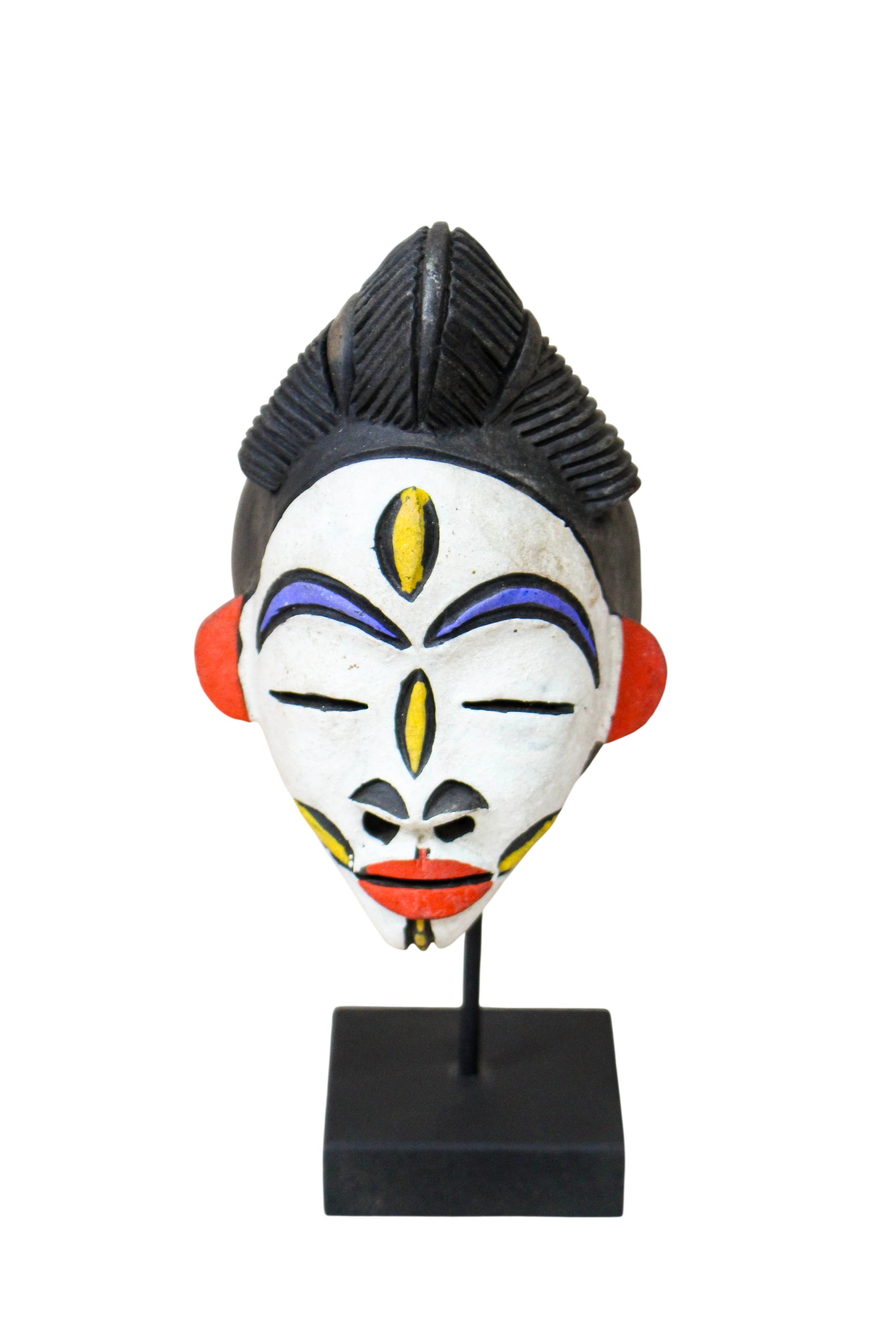 West African terracotta passport mask 189.2 front view showing the colourful painted face and dark headdress