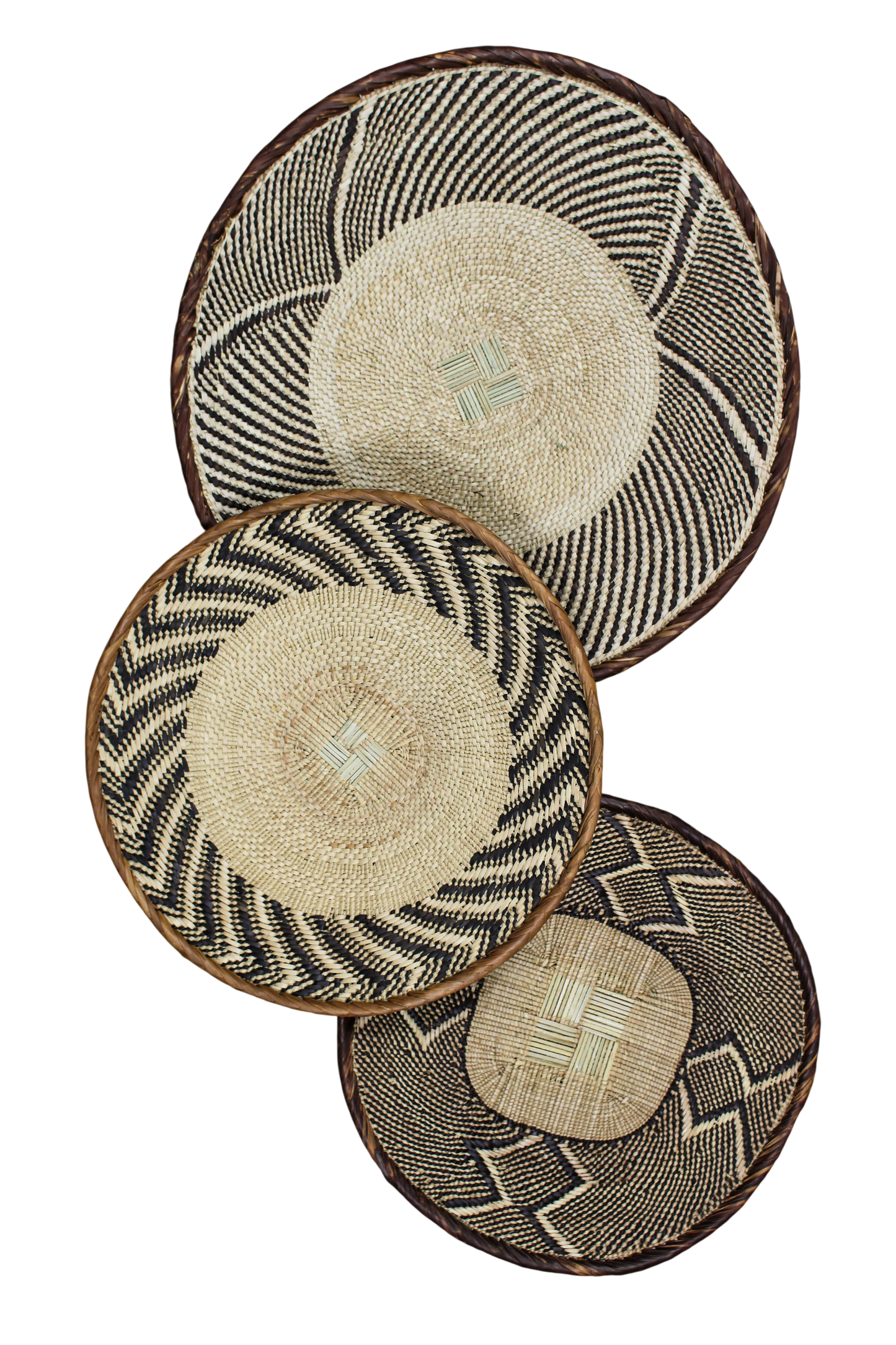Set of three handwoven Tonga baskets No. 27 grouped together as a decorative wall display