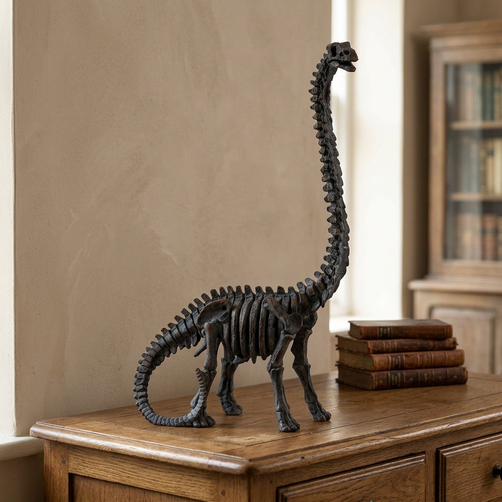 Brachiosaurus dinosaur skeleton ornament displayed on a traditional oak sideboard with vintage books in a warm, naturally styled interior.