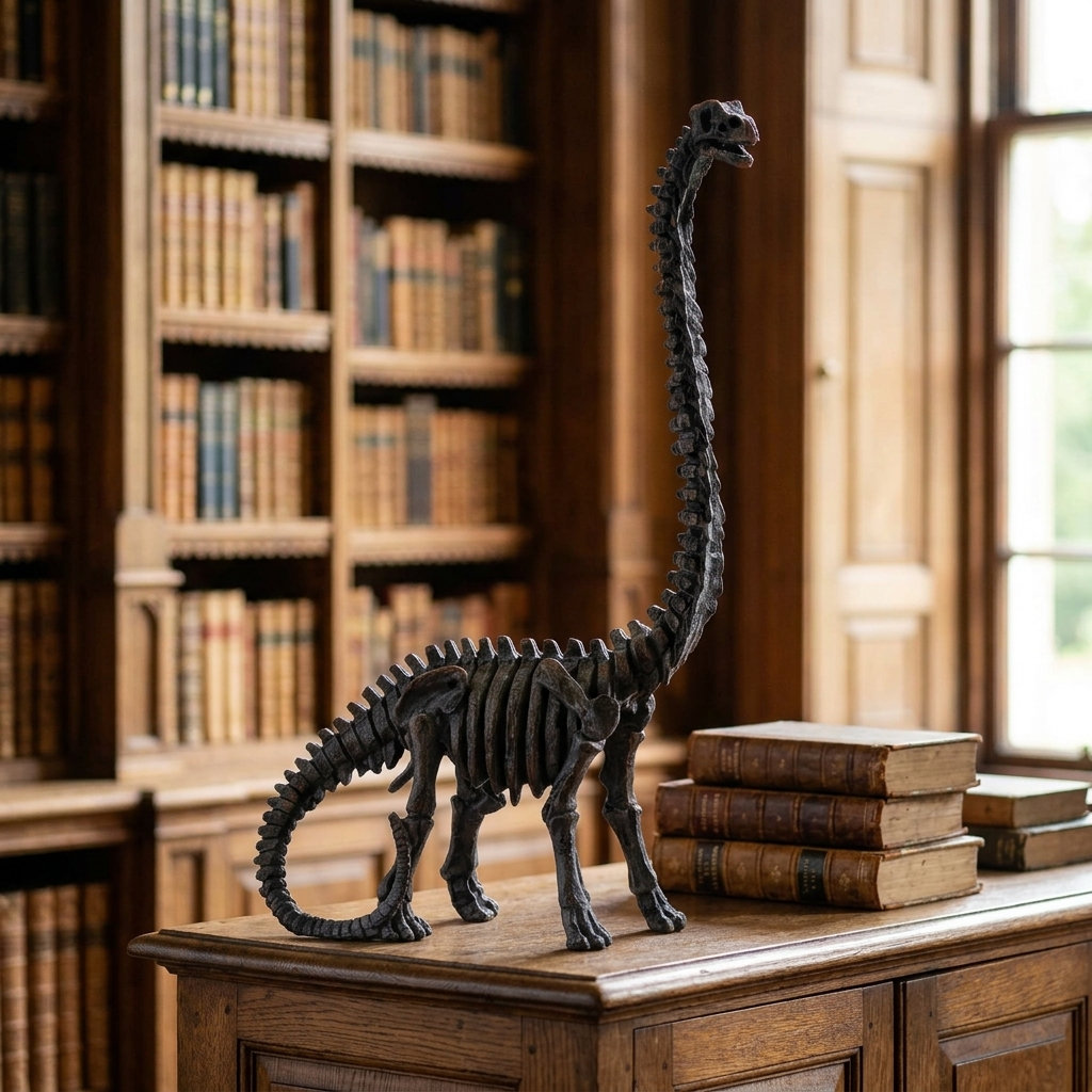Brachiosaurus dinosaur skeleton ornament displayed with vintage books on traditional oak furniture in a warmly lit home library.