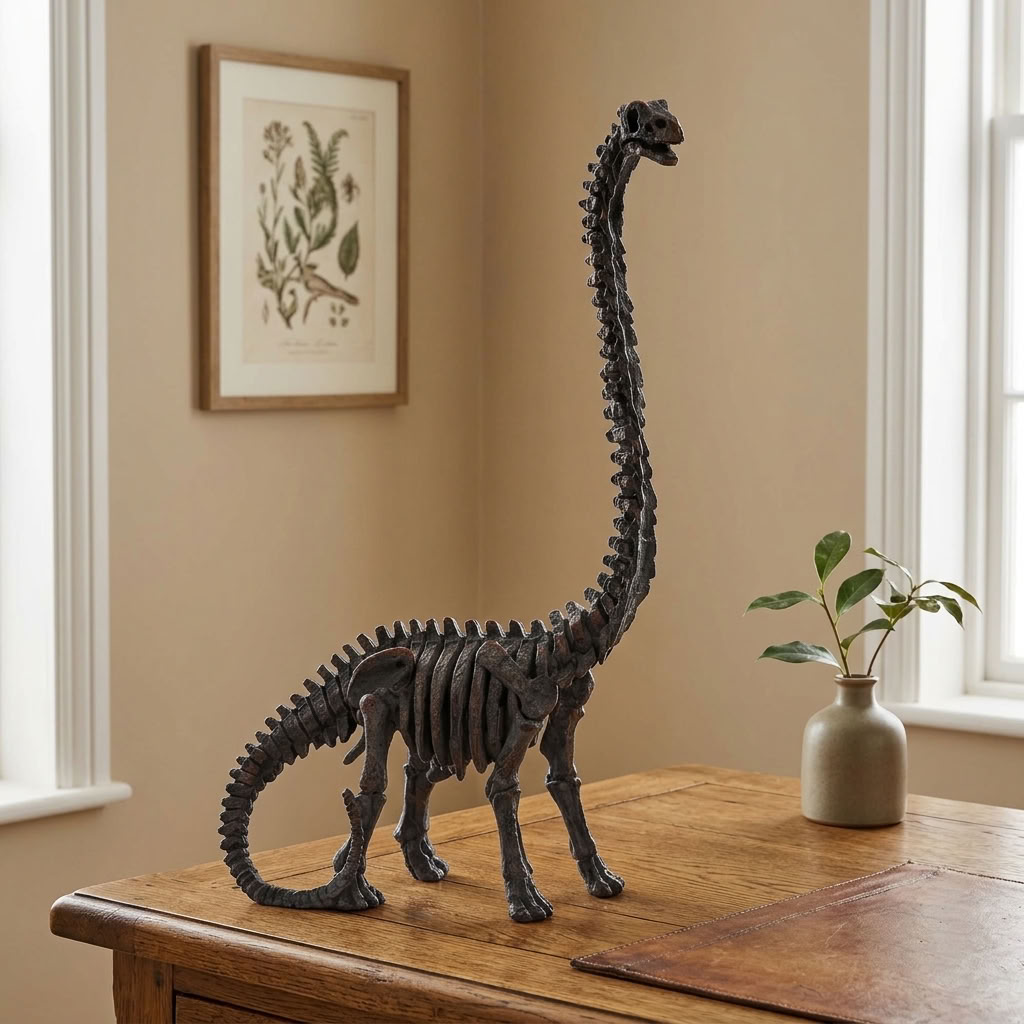 Brachiosaurus dinosaur skeleton ornament displayed on a traditional oak console with botanical artwork and subtle greenery in a warm neutral interior.