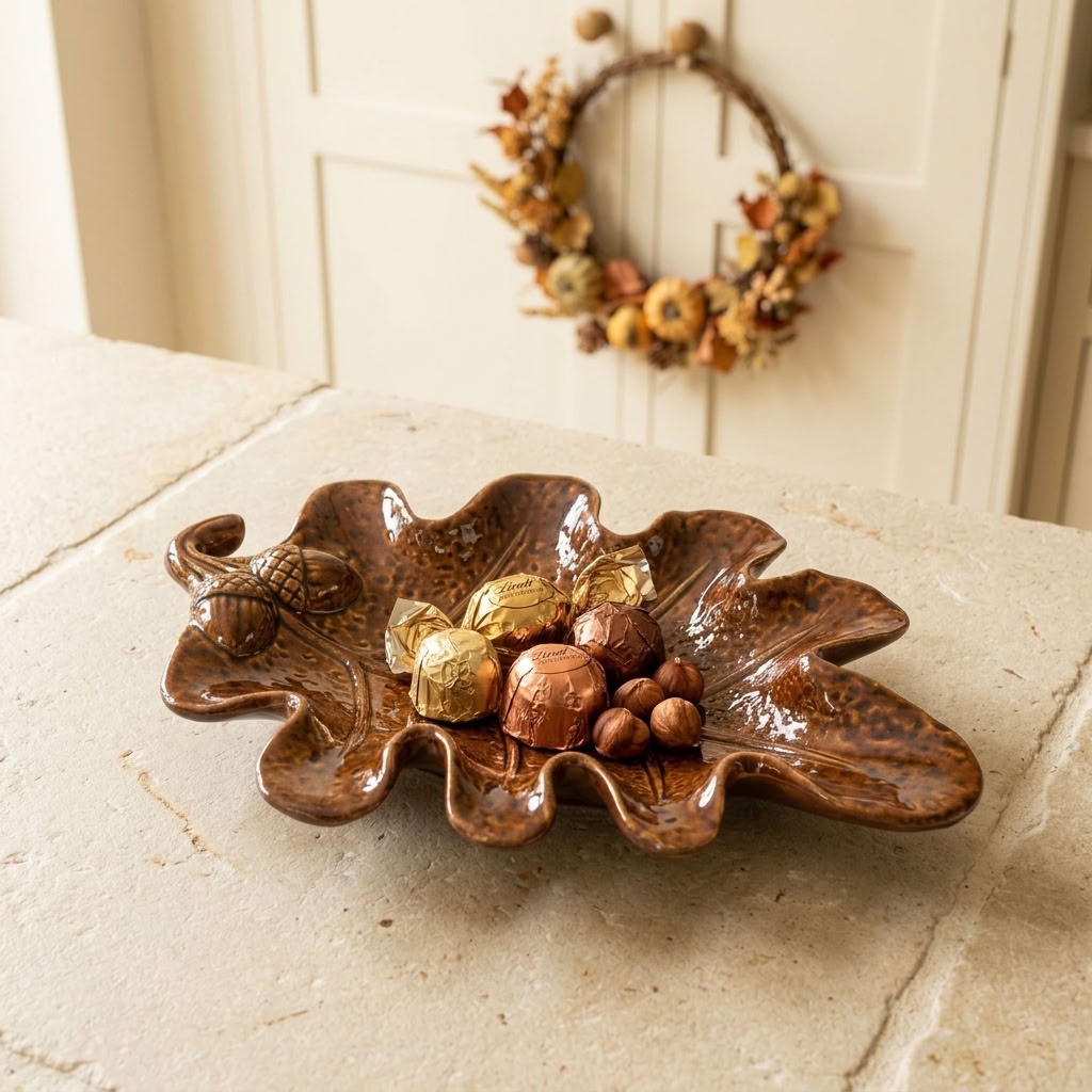 Brown Leaf Trinket Dish styled with seasonal treats on a light wooden worktop in a bright country kitchen
