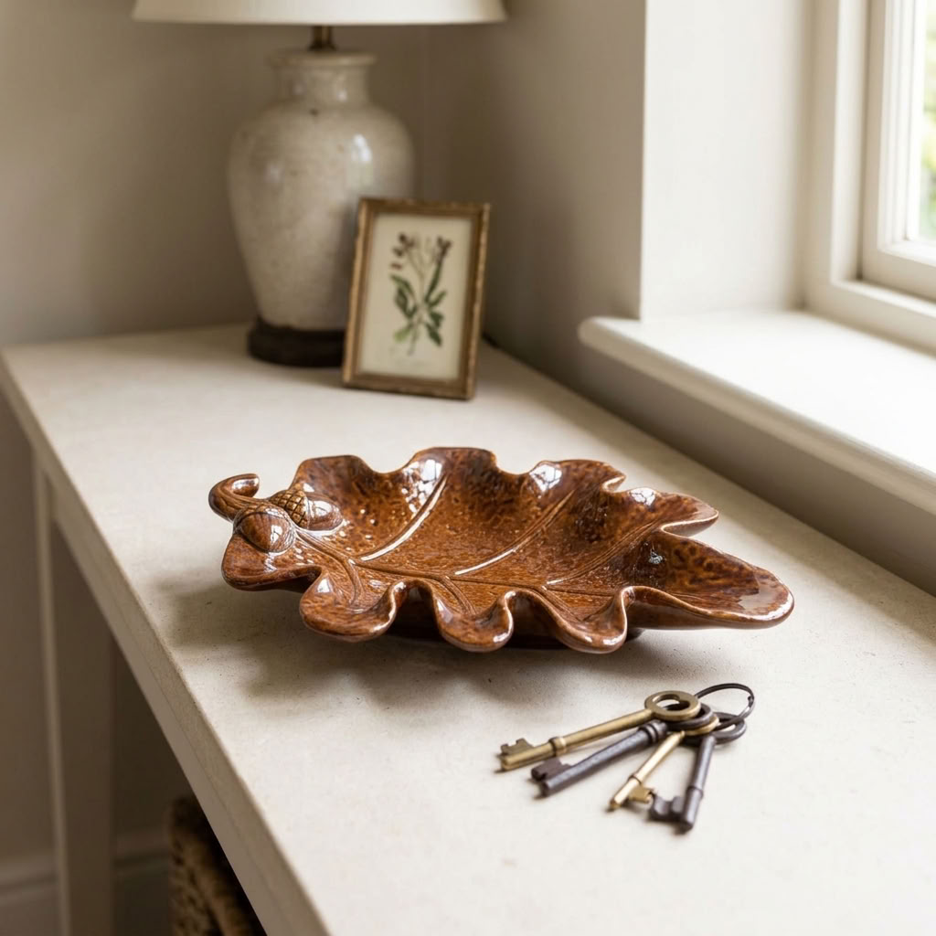 Brown Leaf Trinket Dish holding keys on a light console table in a traditional English country hallway