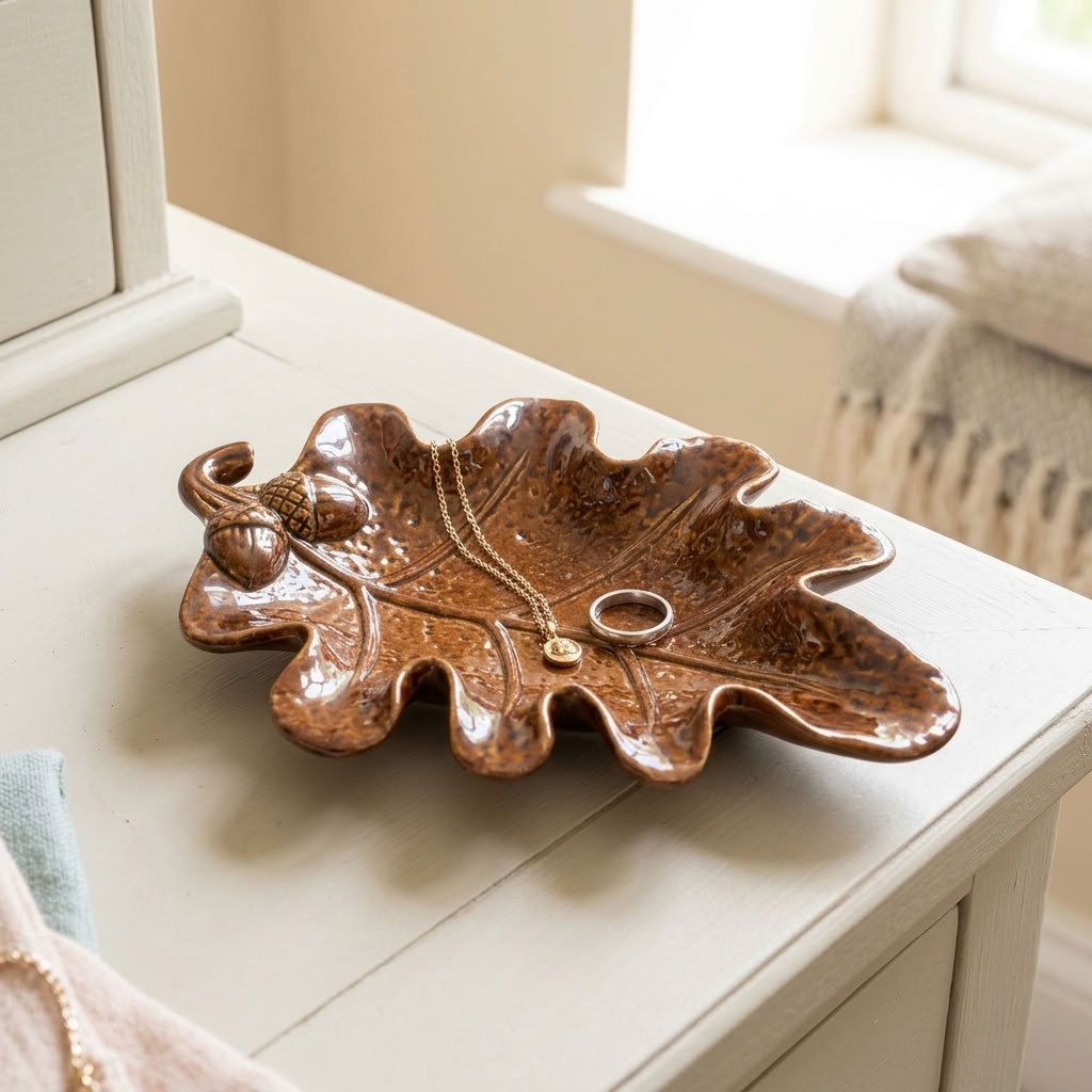 Brown Leaf Trinket Dish styled with jewellery on a light painted dressing table in a bright country bedroom