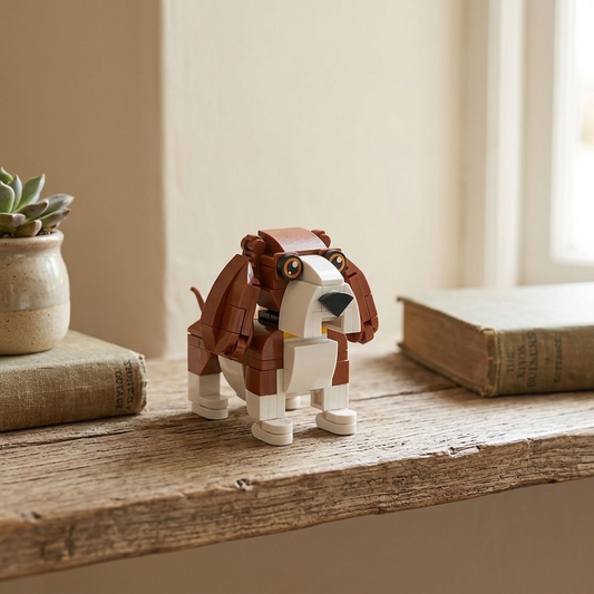Puppy Model Brick Kit displayed on a rustic wooden shelf beside a small potted plant and vintage books