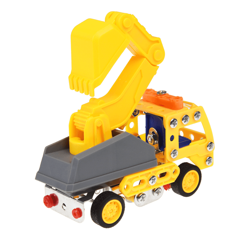 Build Your Own Digger Truck Construction Kit assembled digger shown from an alternate angle with extended yellow arm