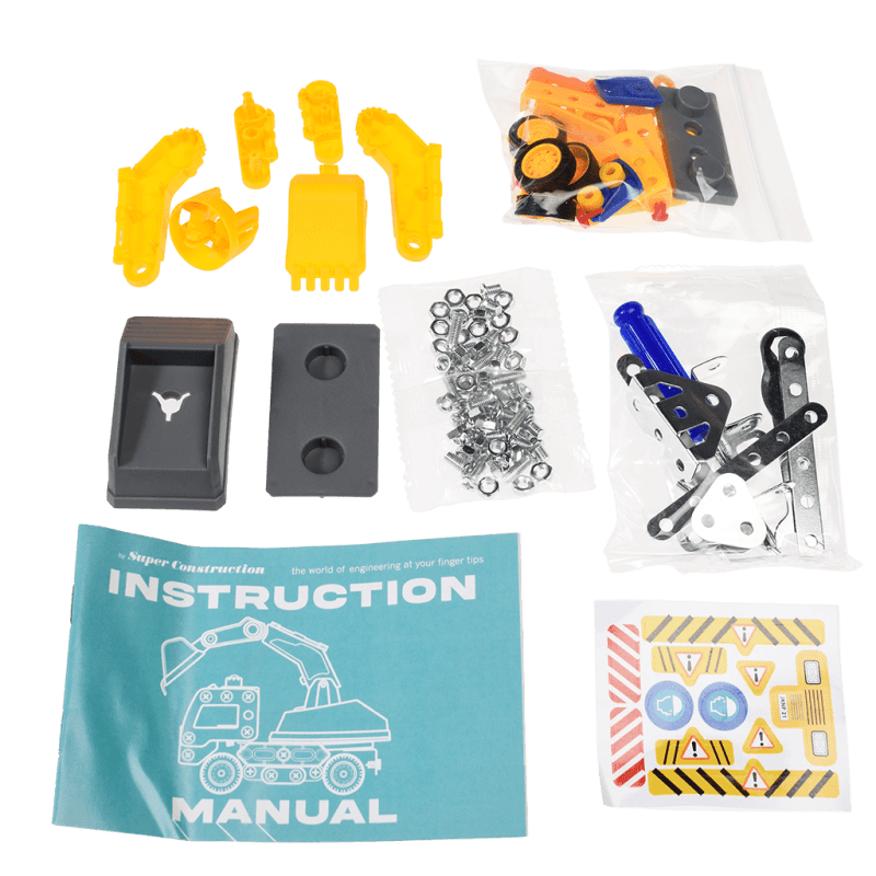 Build Your Own Digger Truck Construction Kit components with tools, instruction booklet and sticker sheet