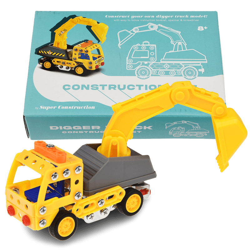 Build Your Own Digger Truck Construction Kit completed yellow digger model displayed with its presentation box