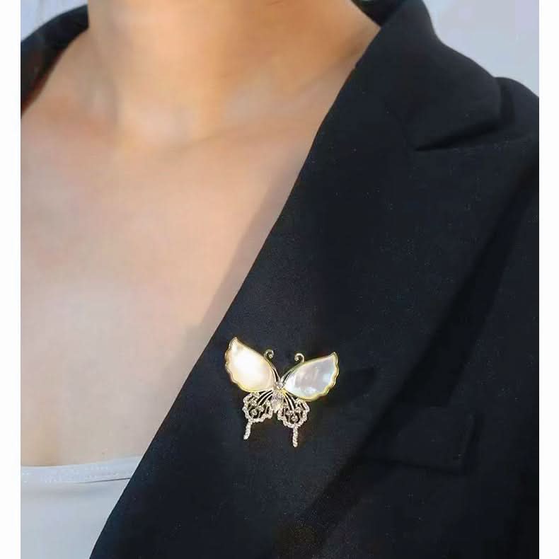 Natural Shell Diamond Butterfly Brooch by Angel Barocco