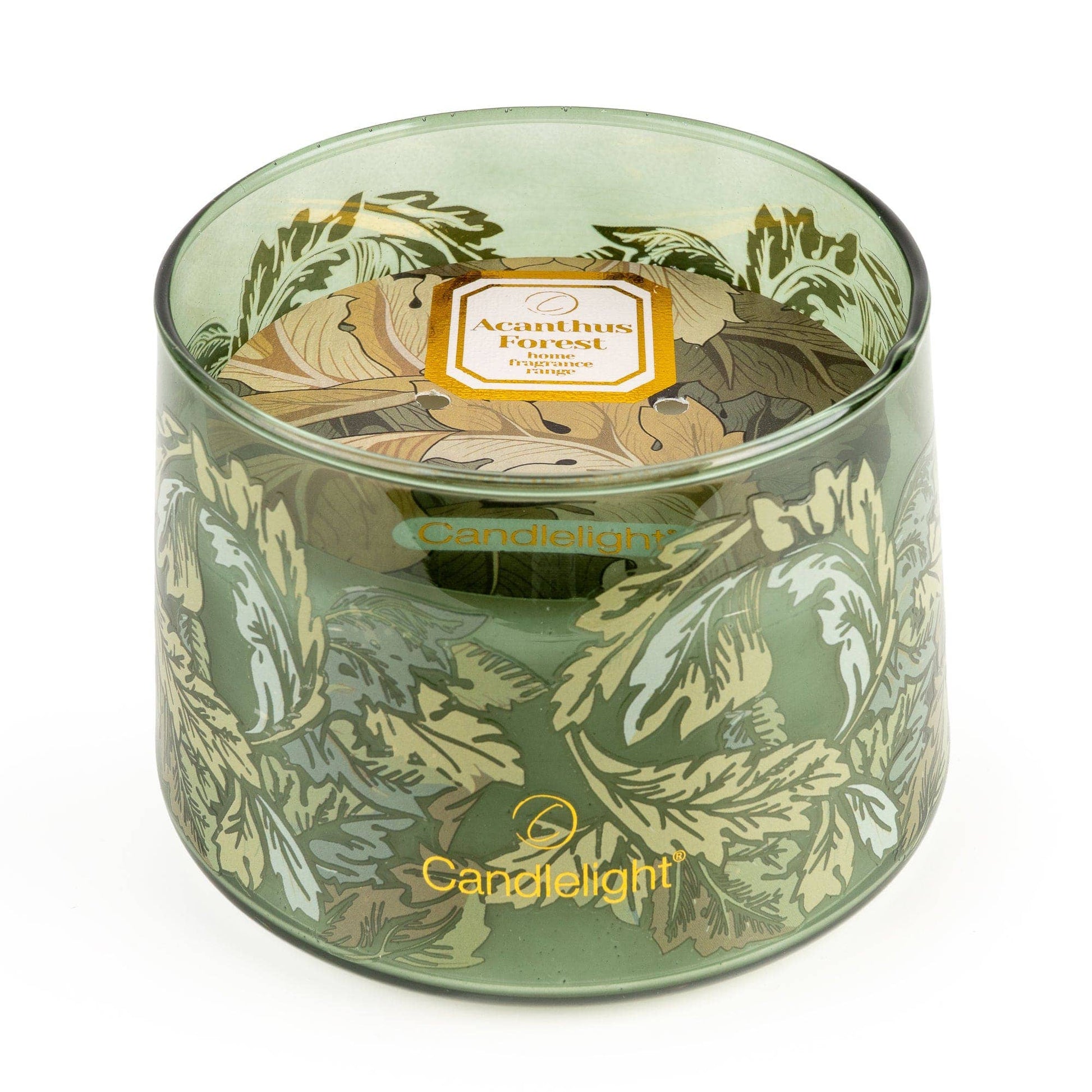 Candlelight Acanthus Forest double wick candle showing botanical glass design and two wicks
