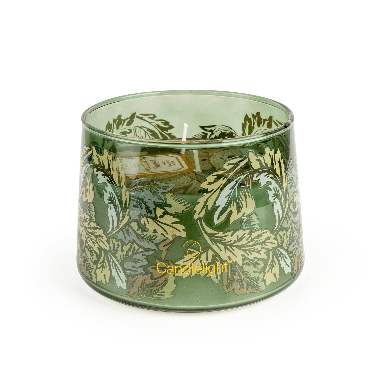 Candlelight Acanthus Forest double wick candle in green botanical patterned glass