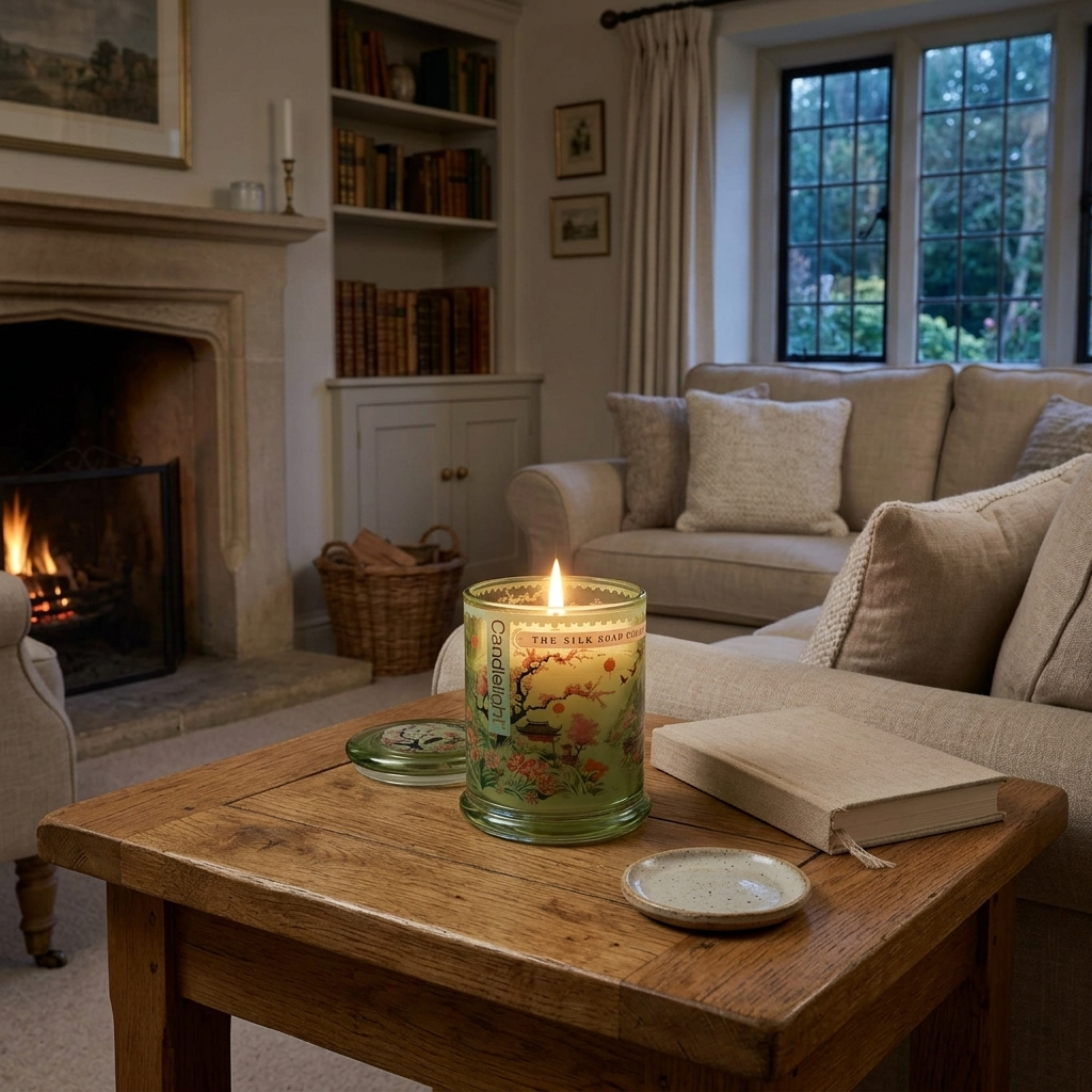 Lit Candlelight Silk Road Chengdu large glass jar candle on a rustic oak coffee table in a cosy English country living room.