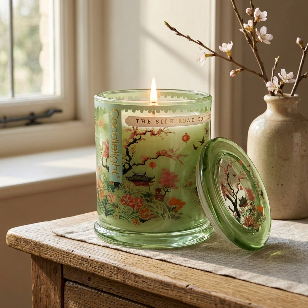 Lit Candlelight Silk Road Chengdu large glass jar candle with matching glass lid beside a ceramic vase on a rustic oak table.