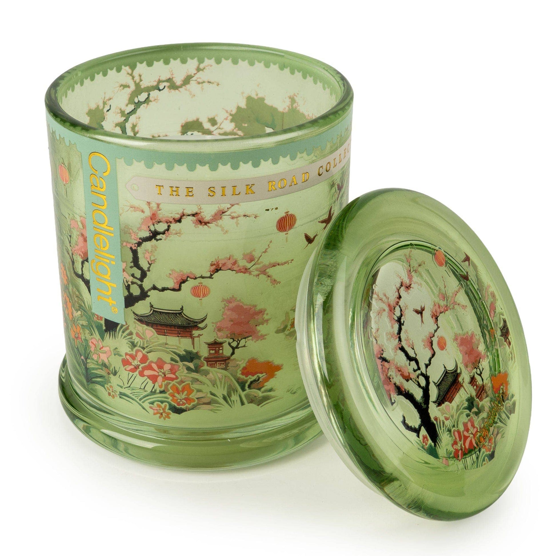 Candlelight Silk Road Collection Chengdu large glass jar candle with matching glass lid removed