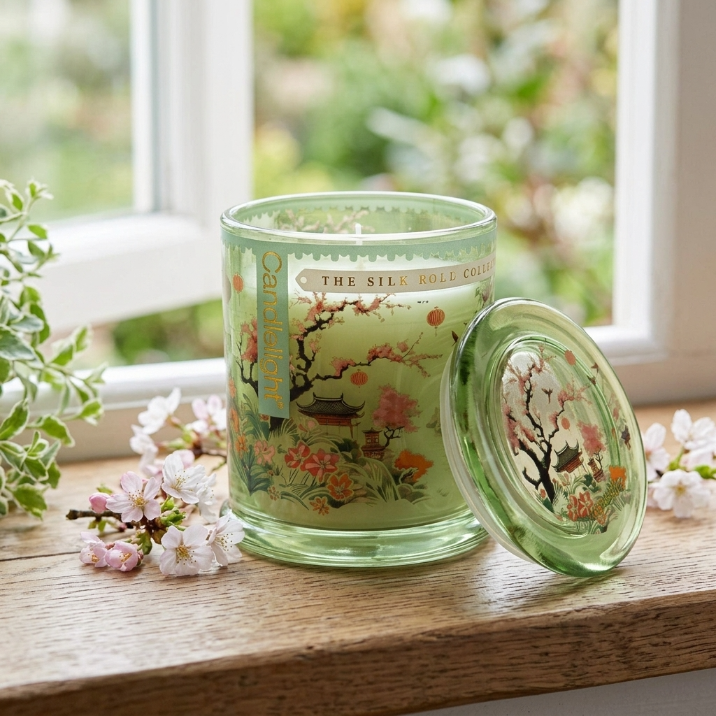 Candlelight Silk Road Chengdu large glass jar candle on a rustic cottage windowsill with cherry blossom flowers.