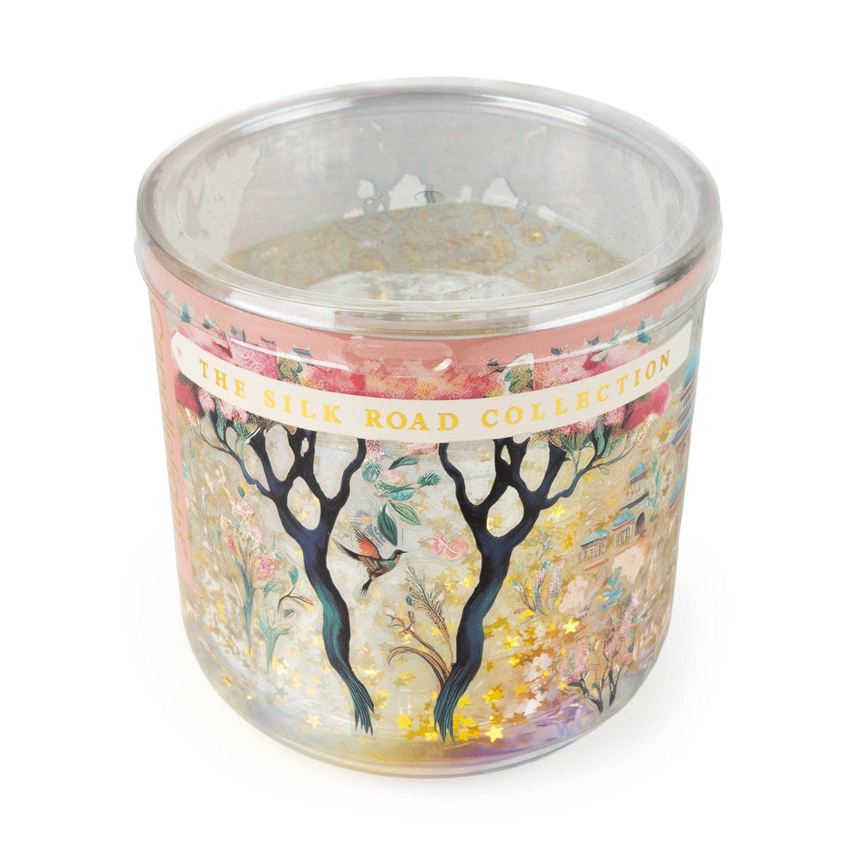 Candlelight Silk Road Jhangye LED candle viewed from above, showing the glass vessel and colourful floral artwork with gold detailing