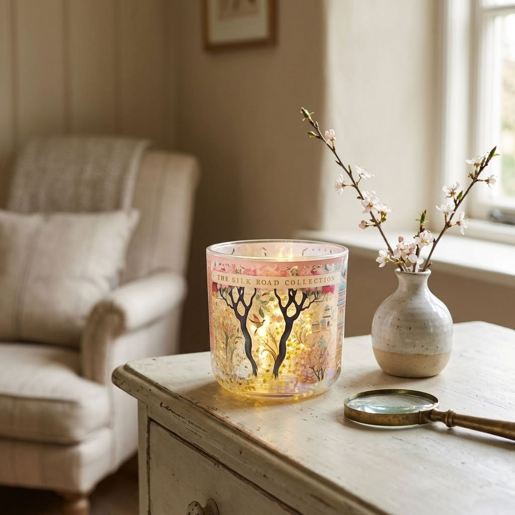 Candlelight Silk Road Jhangye LED Candle displayed on a traditional country house dresser beside spring blossoms
