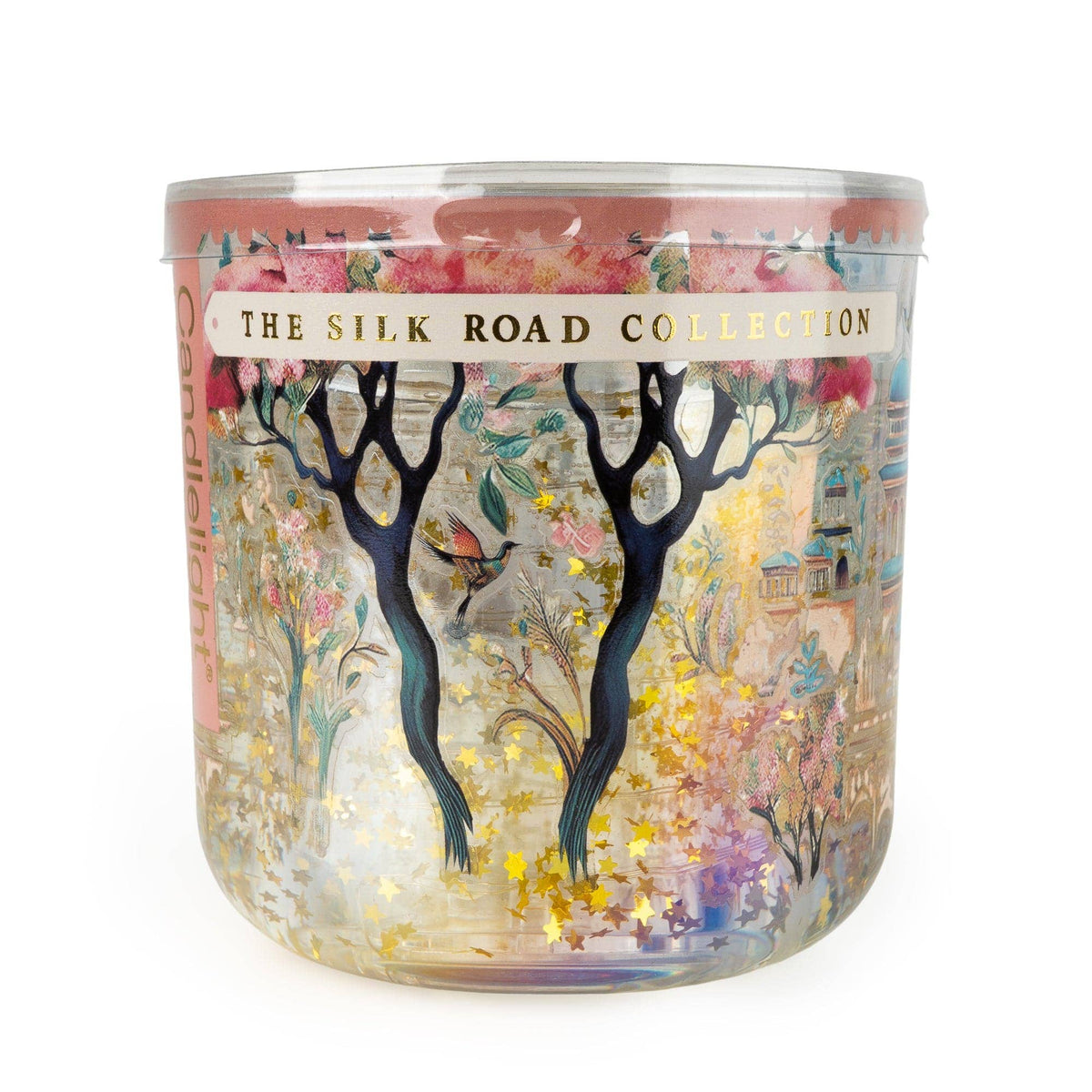 Candlelight Silk Road Jhangye LED scented candle with pink blossom trees, birds and shimmering gold stars on decorative glass