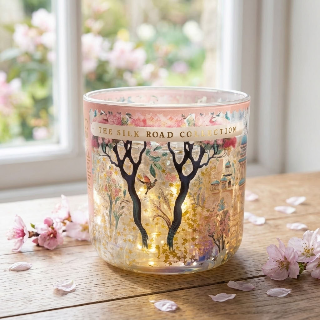 Candlelight Silk Road Jhangye LED Candle glowing beside a country window with delicate pink blossom accents