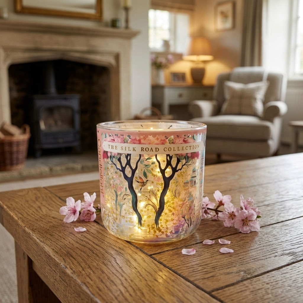 Candlelight Silk Road Jhangye LED Candle adding a warm decorative glow to a traditional English country sitting room