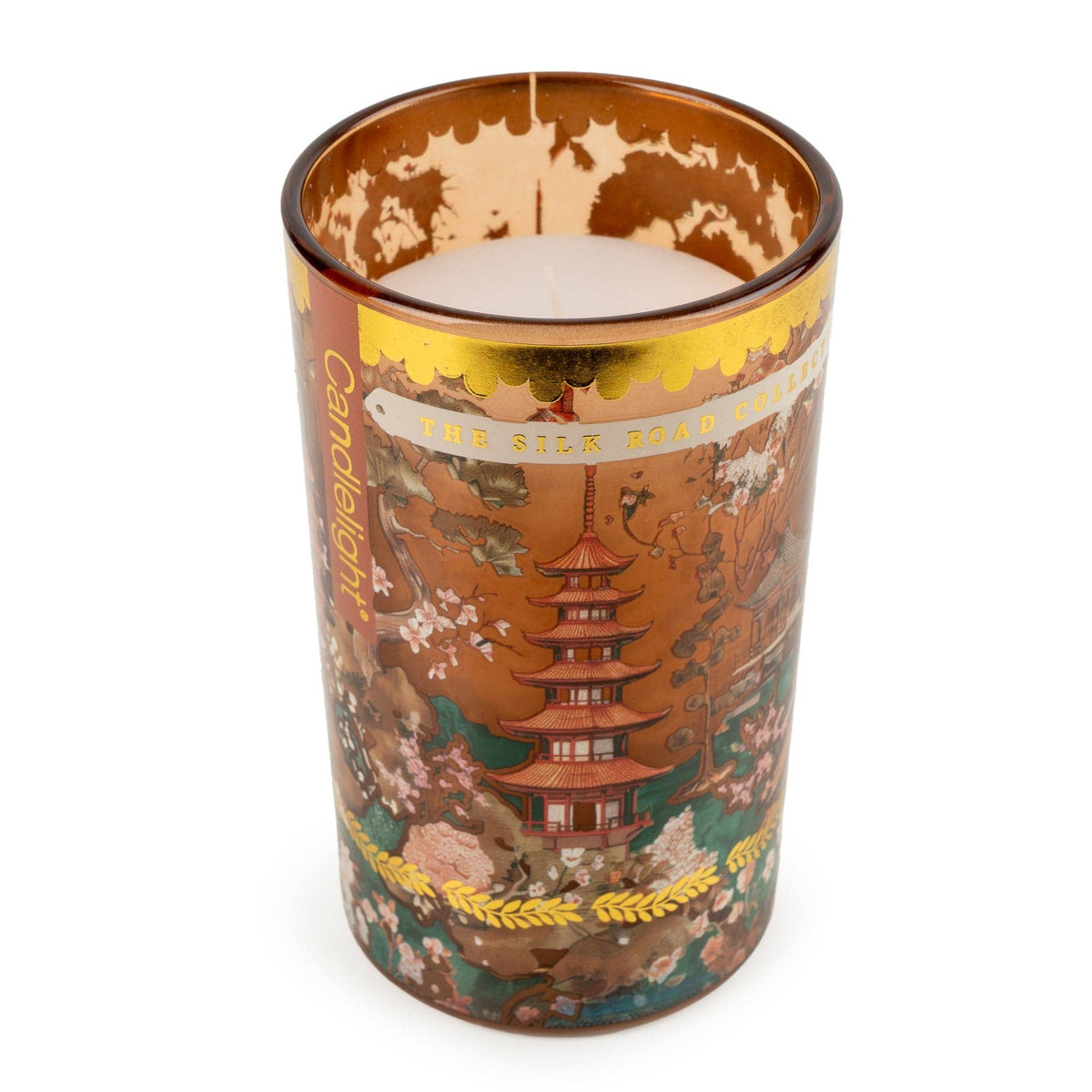 Samarkand large glass candle from the Candlelight Silk Road Collection showing the decorative illustrated glass design