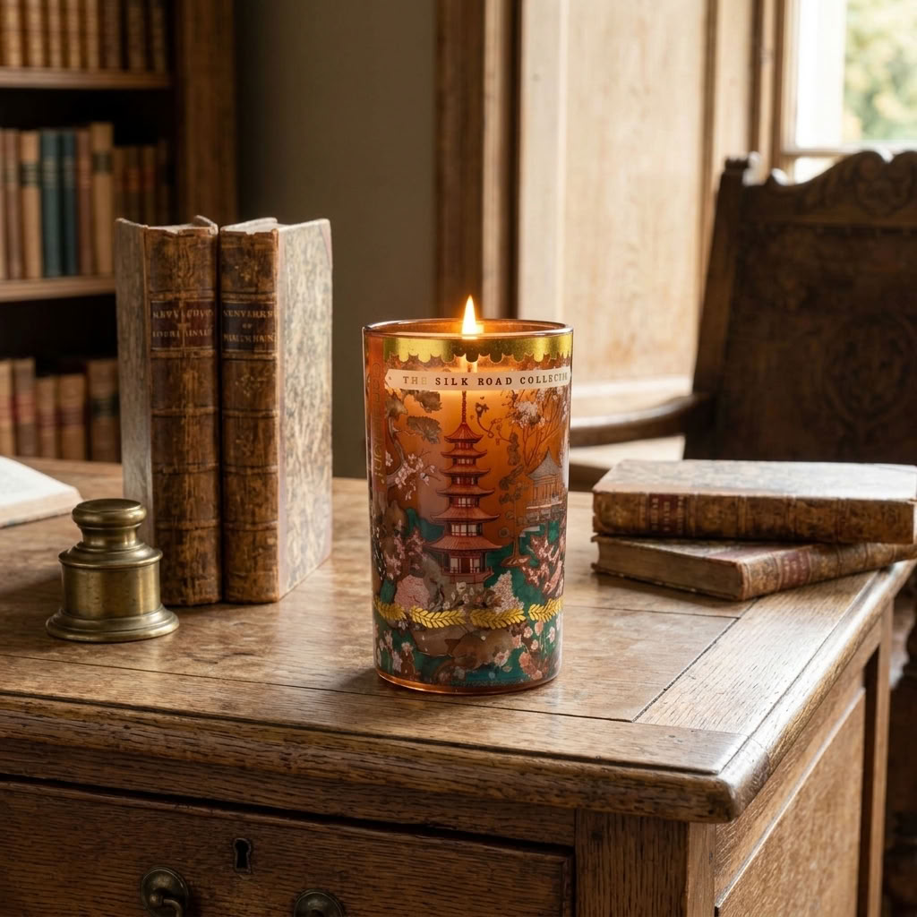 Candlelight Silk Road Samarkand Large Glass Candle lit on a traditional country house library table