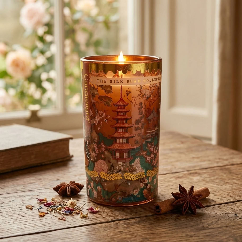 Candlelight Silk Road Samarkand Large Glass Candle styled with warm spice accents in a country home