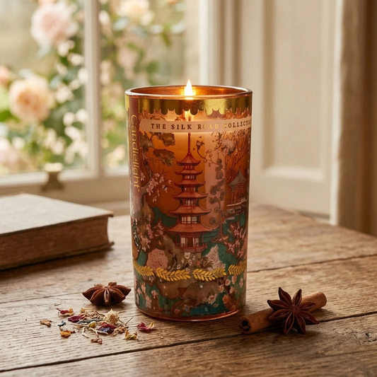 Candlelight Silk Road Samarkand Large Glass Candle styled with warm spice accents in a country home