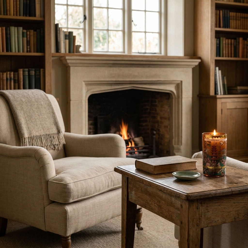 Candlelight Silk Road Samarkand Large Glass Candle styled on a side table in a warm country house sitting room