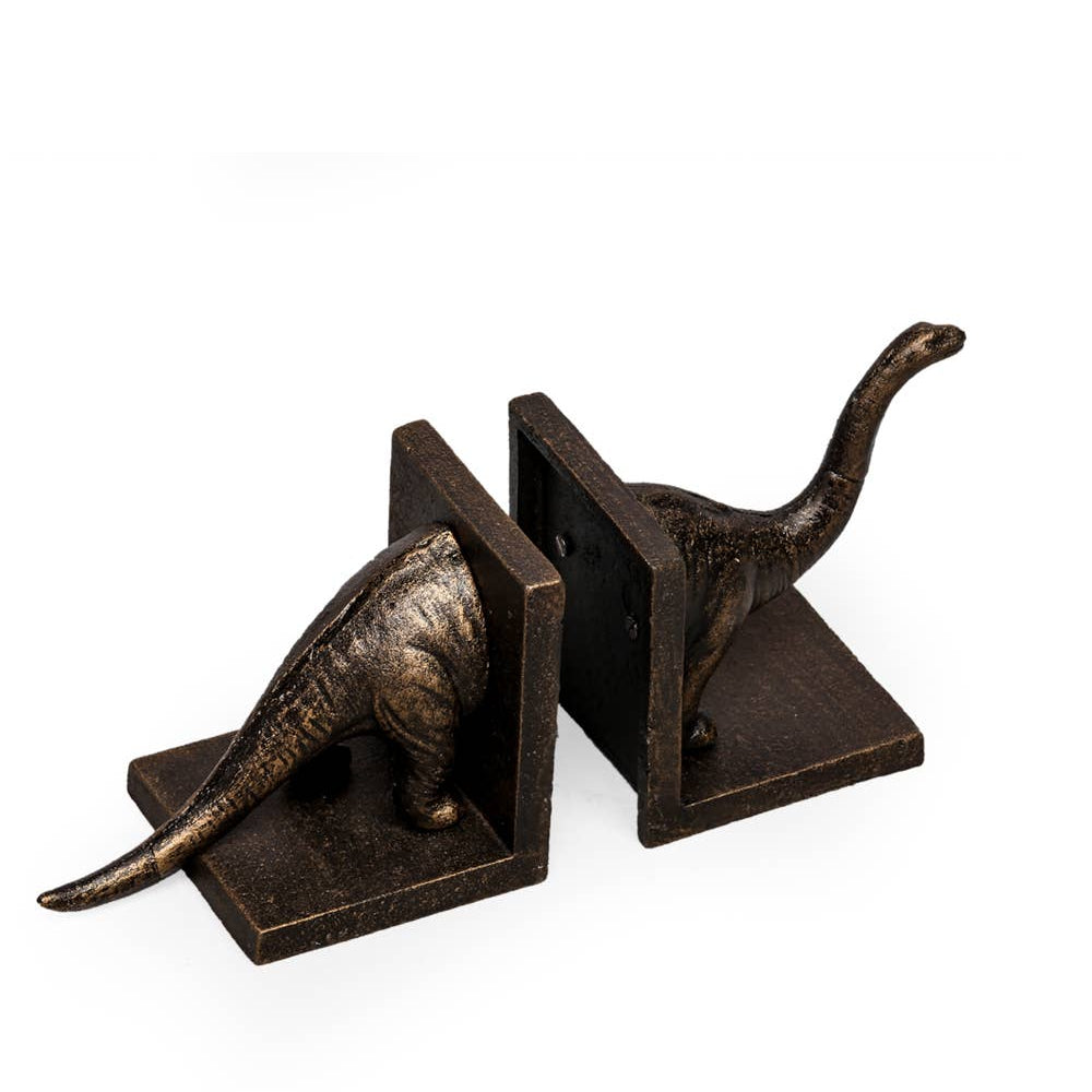 Cast Iron Antiqued Brontosaurus Bookends with a dark aged finish, shown as a coordinating pair forming a dinosaur
