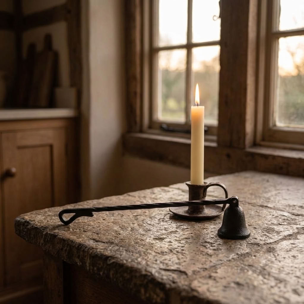 Cast Iron Candle Snuffer beside a lit taper candle on an aged surface in a traditional English country kitchen