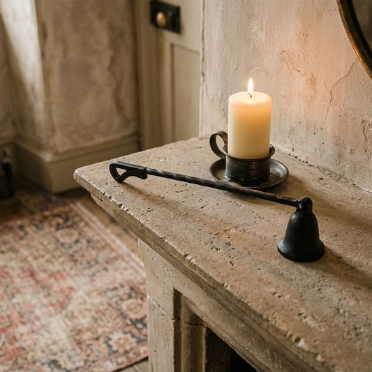 Cast Iron Candle Snuffer displayed beside a lit candle on an aged stone mantel in a traditional English country home