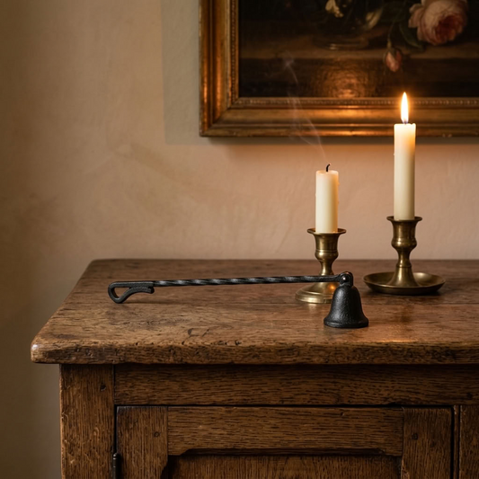 Cast Iron Candle Snuffer styled with traditional candles on an aged oak sideboard in an English country interior