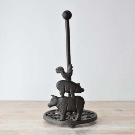 Cast Iron Farm Animal Toilet and Kitchen Roll Holder 33cm, featuring decorative farm animal figures around a circular base and a tall freestanding spindle in a dark rustic finish.
