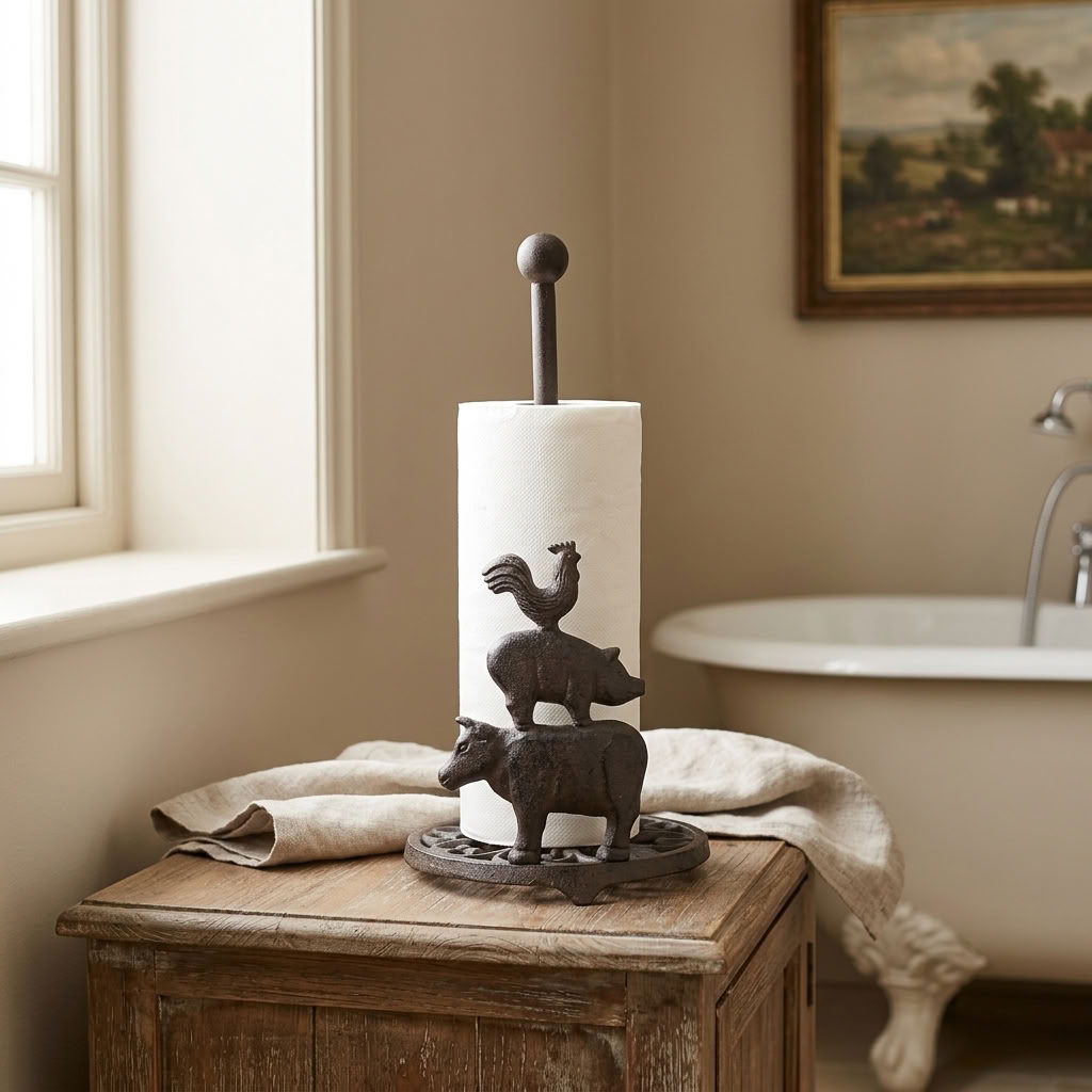 Cast Iron Farm Animal Toilet & Kitchen Roll Holder holding a toilet roll on a rustic wooden cabinet in a country bathroom