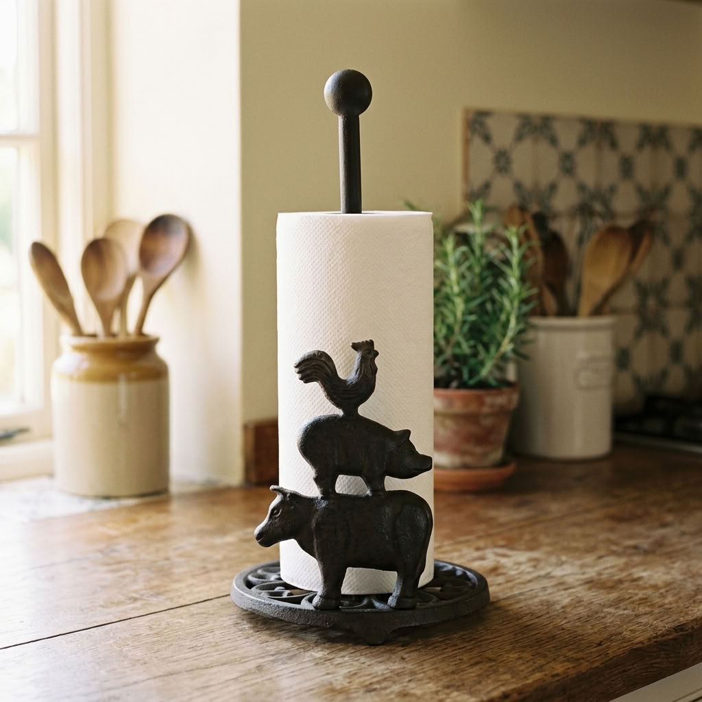 Cast Iron Farm Animal Toilet & Kitchen Roll Holder with a kitchen roll on a wooden worktop in a traditional country kitchen