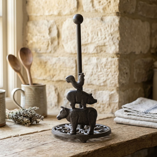 Cast Iron Farm Animal Toilet & Kitchen Roll Holder displayed without a roll on a wooden worktop against a rustic stone wall