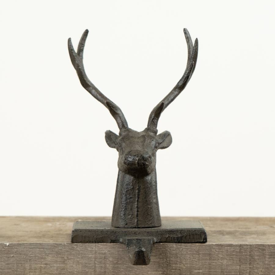 Cast Iron Stag Stocking Holder 24cm with sculpted stag head, tall antlers and dark aged finish